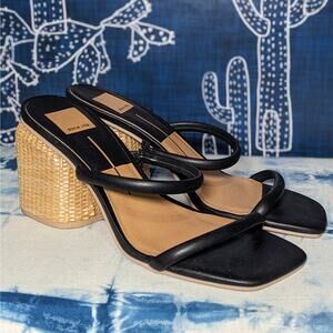 Dolce Vita Nancie Block Heel Raffia Woven Sandals Black Tan Women's Size 8 1/2